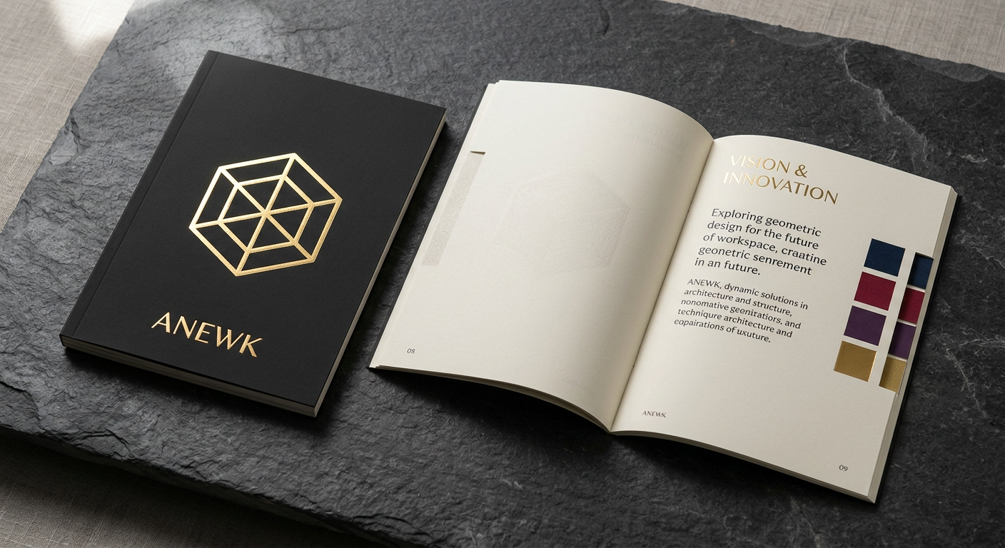 Black soft-touch ANEWK brochure with a gold foil tesseract on the cover