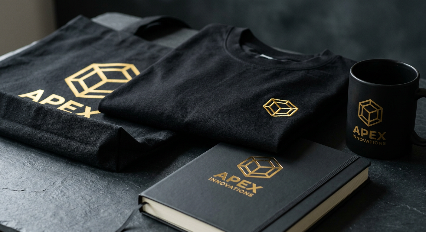 Black ANEWK t-shirt, notebook, mug and tote with gold marks